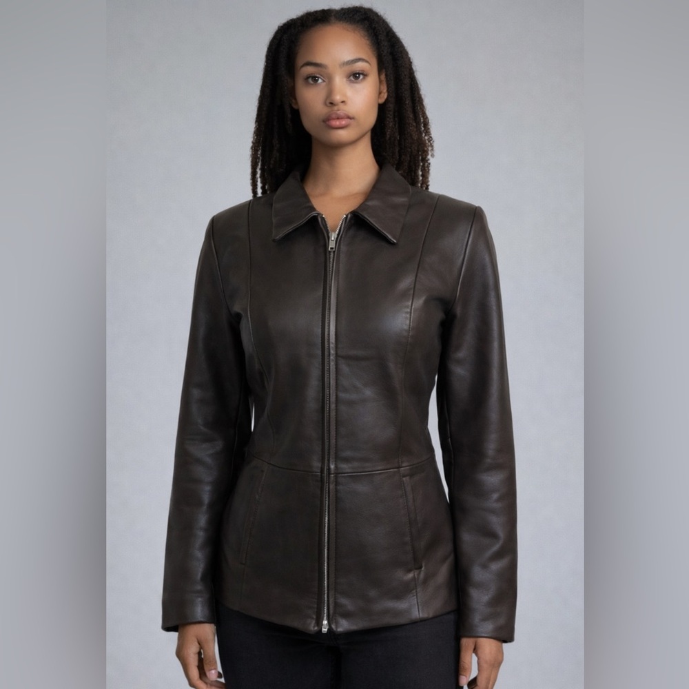 Petite Sophisticate Dark Brown Leather Zip-Front Jacket